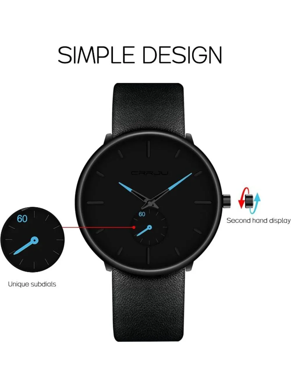 Unisex Blue Black Ultra-Thin Minimalist Waterproof Fashion Leather Band Watch